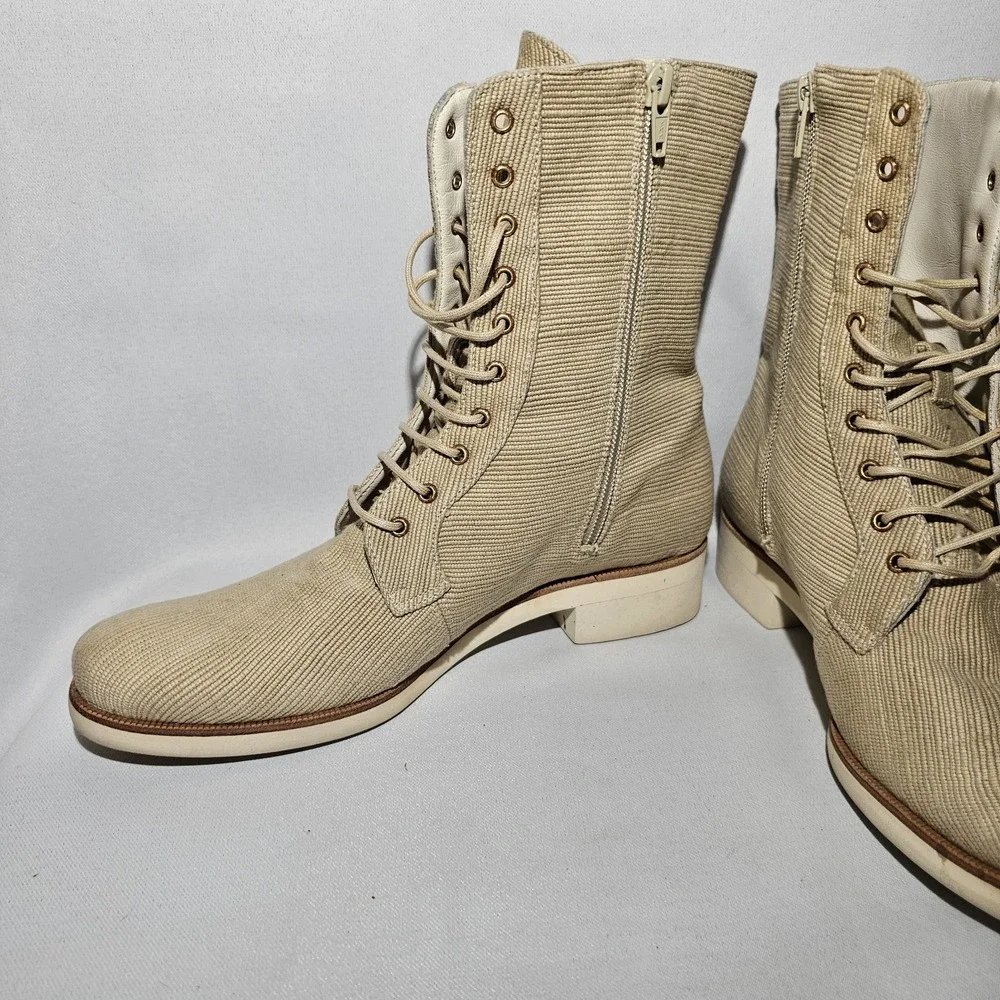 FARRUTX Men's beige textile‎ lace-up calf boot side zip leather lined size 39**